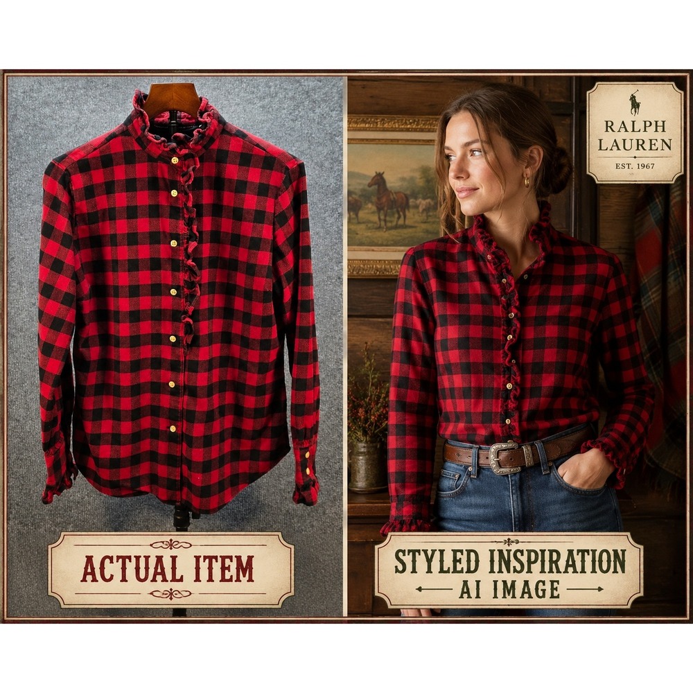 Ralph Lauren Sport Shirt Women Buffalo Plaid Ruffle Neck Preppy Red Black 12 VTG